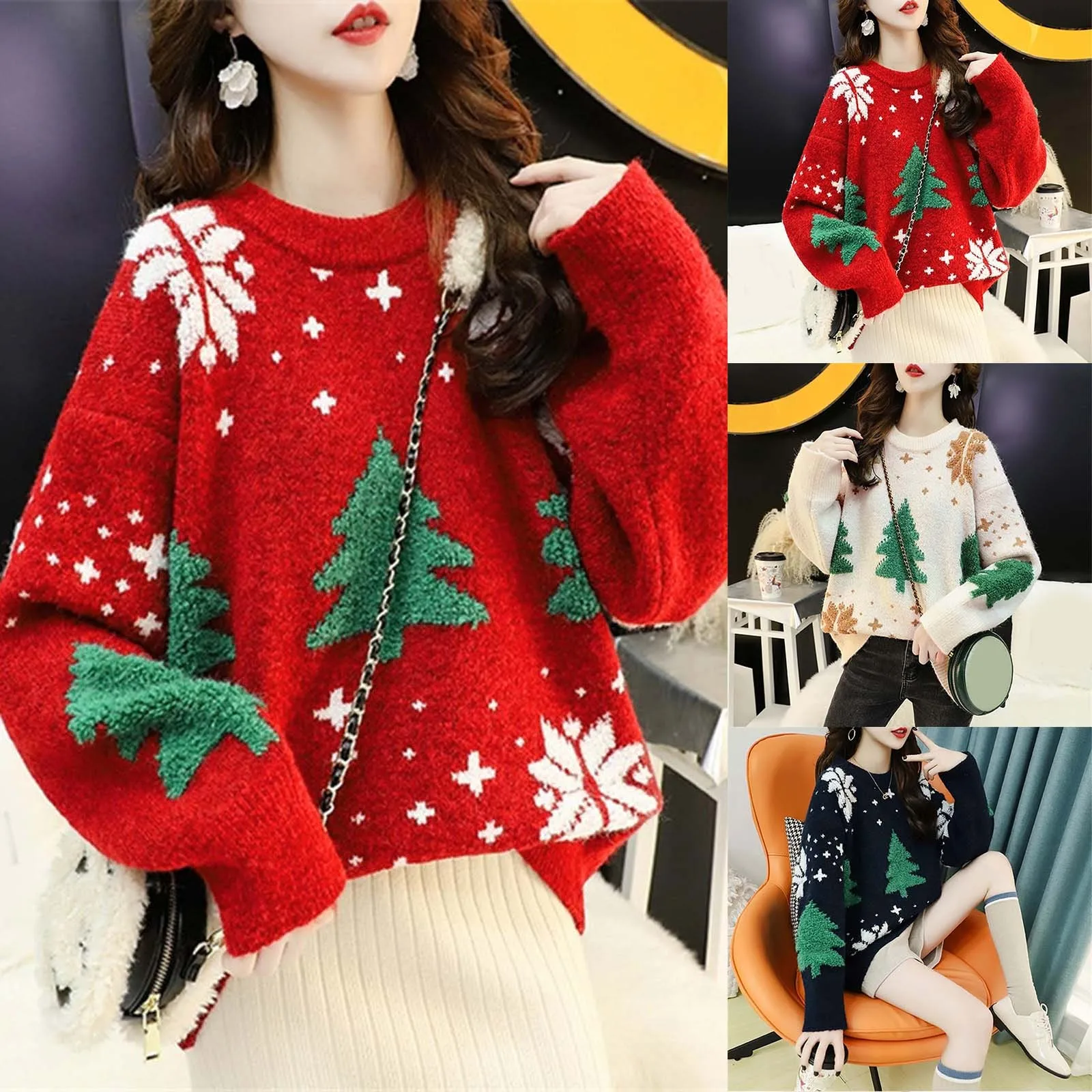 Women Christmas Casual High Thick Winter Print Loose Pullover Knit Sweater Top Tall Sweatshirts for Men Sweater Work