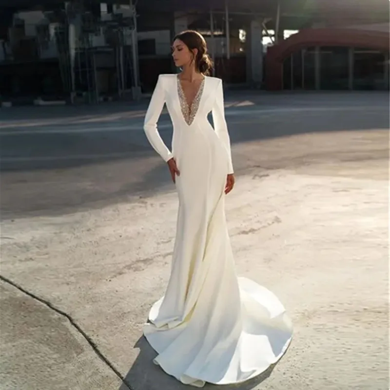 Simple White Beach Wedding Dresses Satin Long Sleeves Bridal Dress With train Sexy Deep V-Neck Beaded Boho Zipper Wedding Gowns