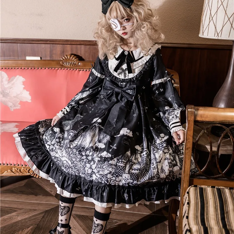 Sukienki Gothic Kawaii Lolita Halloween Anime Party Cosplay Kostiumy Jesienne Urocze Spódniczki Dziewczęce Czarno-Białe Dół Mundurek Szkolny