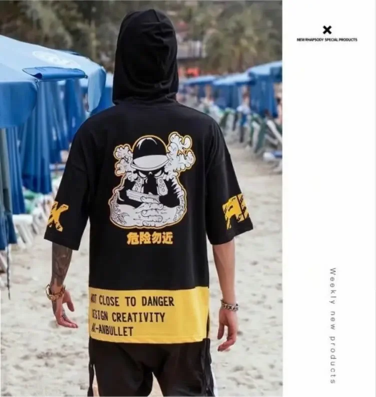 New Men T-shirt Korean Hooded T-shirt Fashion Harajuku Short Sleeve Top Hip Hop T Shirts Mens Summer