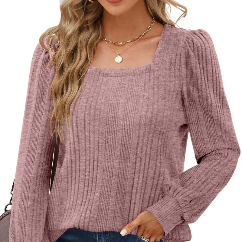 

2023 Autumn and Winter New Women's Square Neck Fashion Casual Long Sleeve Office Lady Versatile Fashion Solid Color Female Top