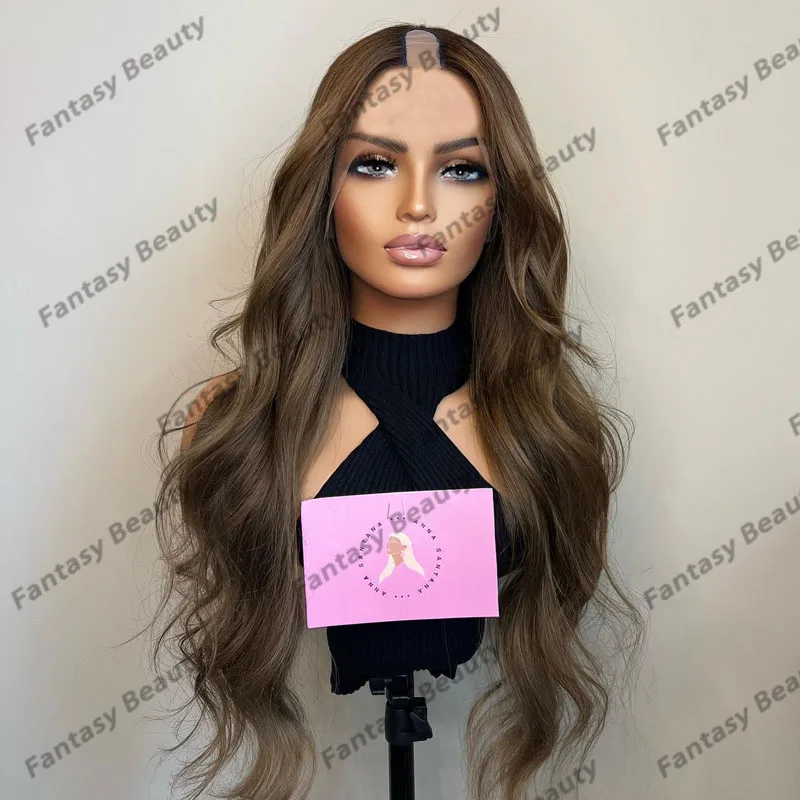 1x4 Size U Part 100% Human Hair Wigs for Black Women Ash Blonde/Caramel Brown Long Wavy Adjustable Opening U Part Wigs Easy Wear