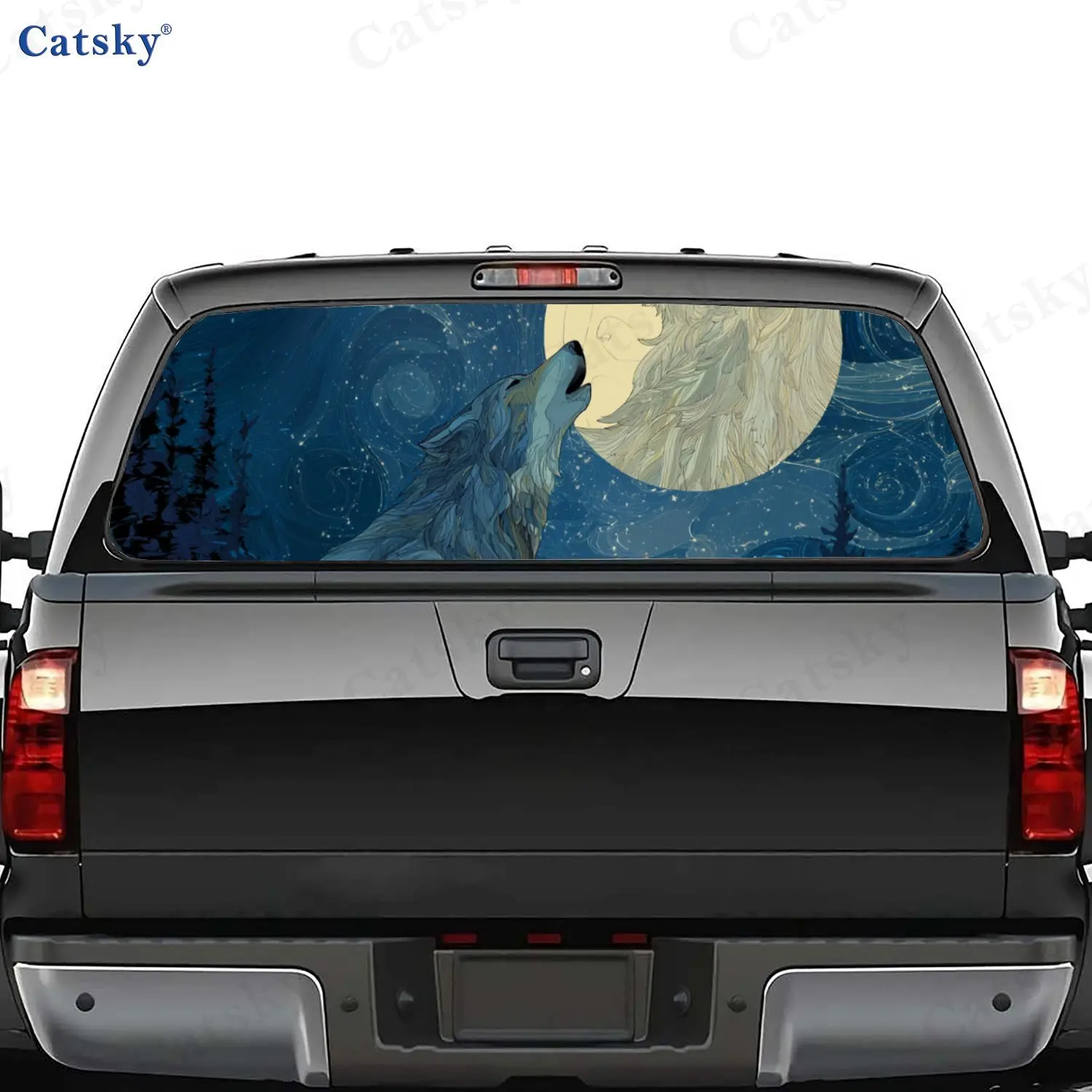 

Majestic Blue - Hued Wolf Howling Car Rear Window Sticker, Anti-scratch Auto Protection Vinyl Wraps Decal, Waterproof Self-adhes