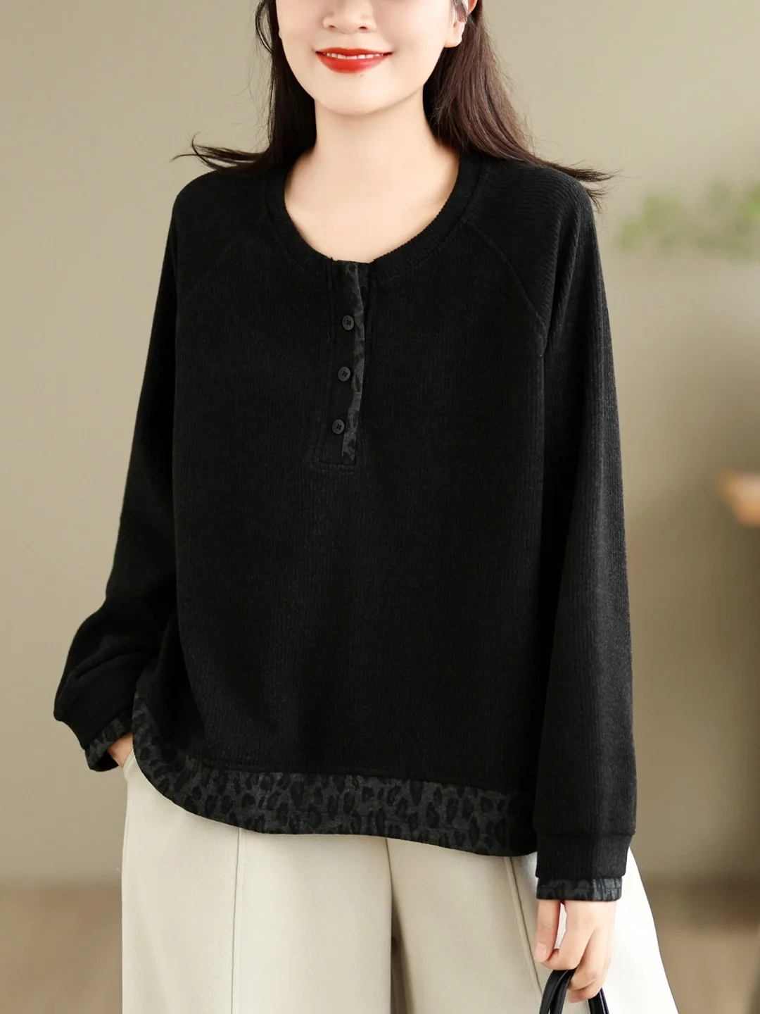 Large Size Leopard Print Patchwork round Neck Sweatshirt Loose Drawstring Long Sleeve Women's Casual Style Autumn New Arrival