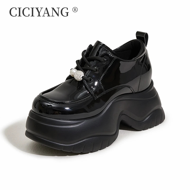 CICIYANG Chunky Platform Loafers Women 2024 Autumn New High Heels Lace-up Patent Leather Women's Shoes Dress Shoes for Ladies