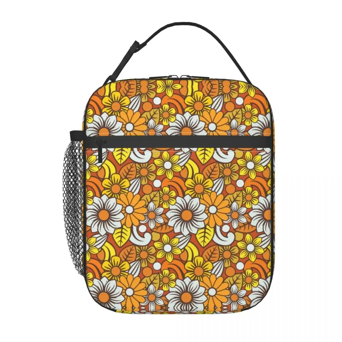 Retro 70s Orange Flower Pattern Insulated Lunch Tote Bag Mid Century Modern Bohemian Portable Cooler Thermal Bento Box Camping