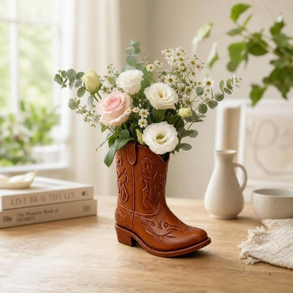 Retro Design Vintage Western Style Cowboy Boot Statue 3D Printed Ornaments Desktop Organizer Home Decor Pencil Holder Home Desk