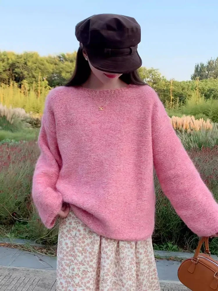 

Женский свитер с круглым вырезом в корейском стиле, свободный ленивый пуловер, вязаный топ, осень-зима