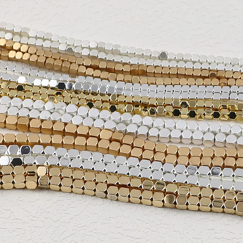 2mm 3mm Square Stone Bead Matte Gold Plated Natural Hematite Loose Beads For Jewelry Making Bracelets Necklaces DIY Accessories