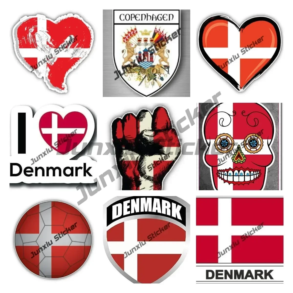 

Love Denmark Stickers Copenhagen Denmark Flag Heart Skull Danish Nordic Flag Shield Travel Decal Trolley Case Motorcycle Decor