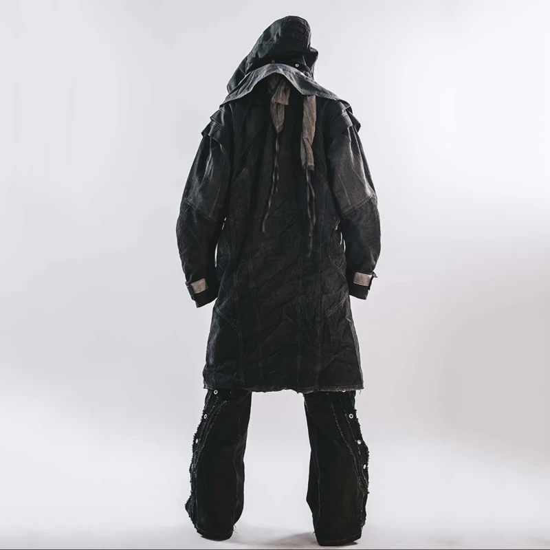 HKSH Autumn Winter New Men's Dark Waste Land Style Cold-Dye Washed Frayed Hat Detachable Hooded Knee-length Jacket Coats HK14864