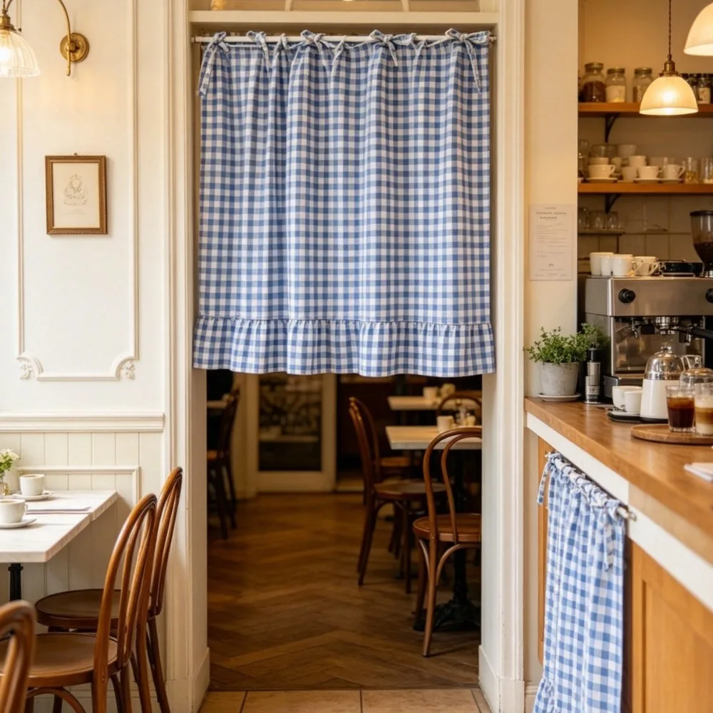 Ruffled Edge Farmhouse Plaid Kitchen Oven Skirt Cotton with Tie Ribbon Kitchen Stove Cover No Drilling Privacy Partition Curtain