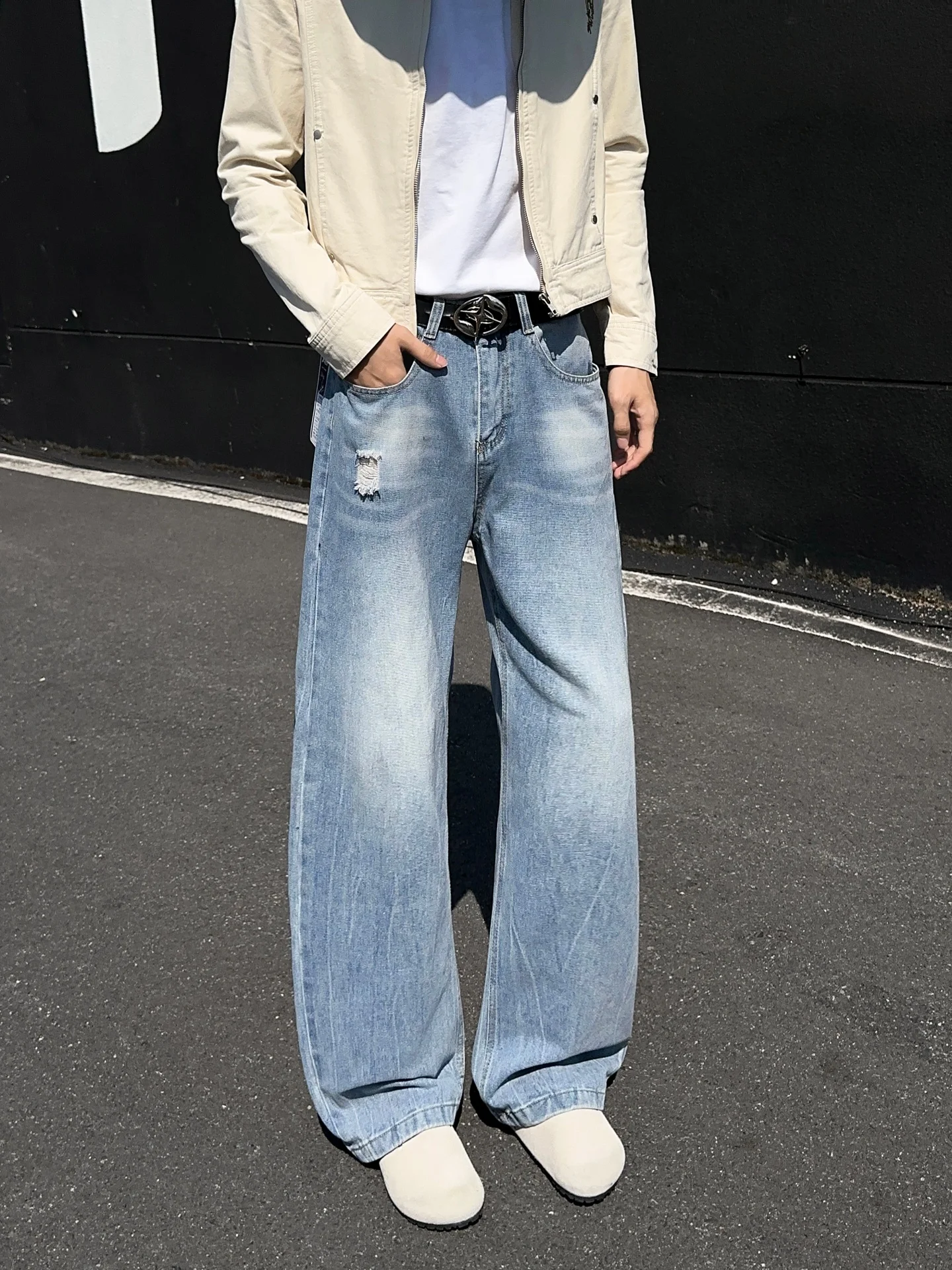 Retro Lightning Crack Washed Jeans Men's Loose Slim Micro Flared A-Line Straight Leg Casual Long Trousers Youth Trendy Jeans