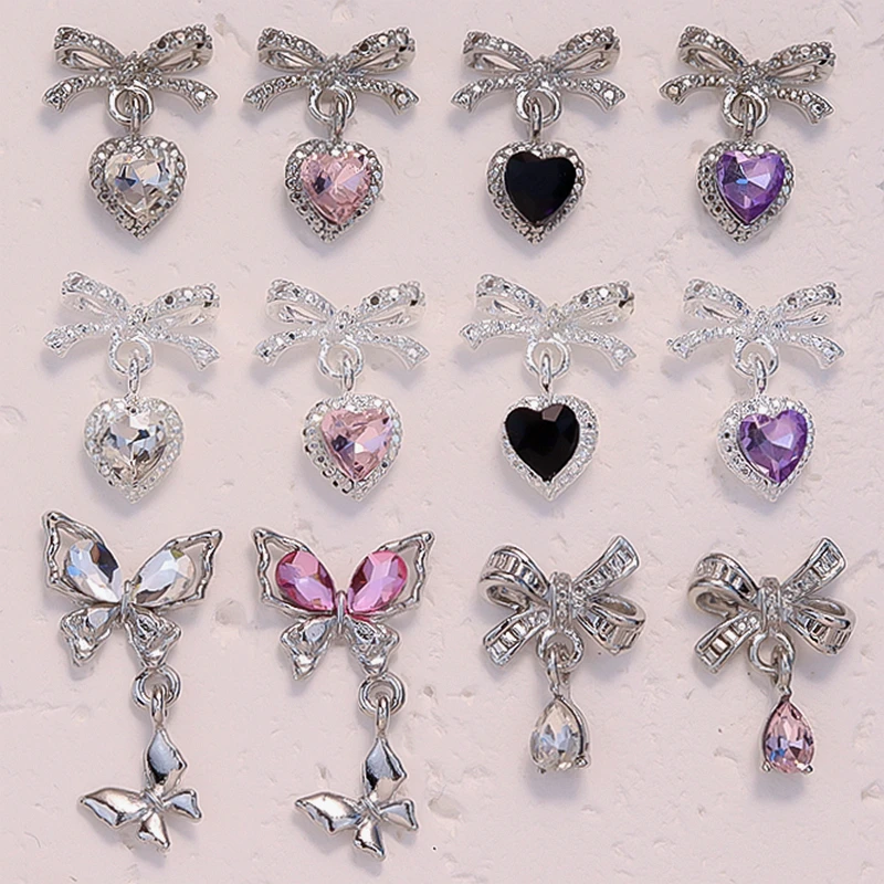 10PCS 3D Luxury Alloy Bow Nail Heart Charms Butterfly Pendant Accessories Parts For Nails Art Decoration Supplies Manicure Tools