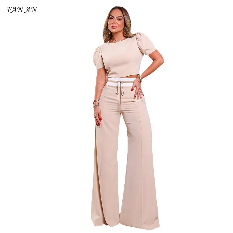 

Spring/summer New Crew-neck Puffy Sleeve Top Lace-up Wide-leg Trousers Casual Suit Women's Summer Commute Wide-leg Two-piece