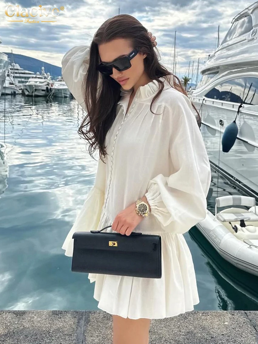 Clacive Fashion Loose White Linen Dress Ladies Casual Stand Collar Long Sleeve Mini Dress Eleganckie plisowane sukienki dla kobiet 2024