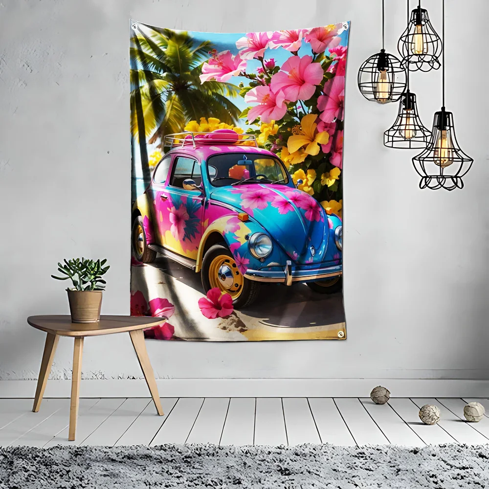 Retro Classic Car Flag Polyester Digital Printing Banner 4 Sizes for Garage Wall Art Out Door Decoration With Brass Grommets