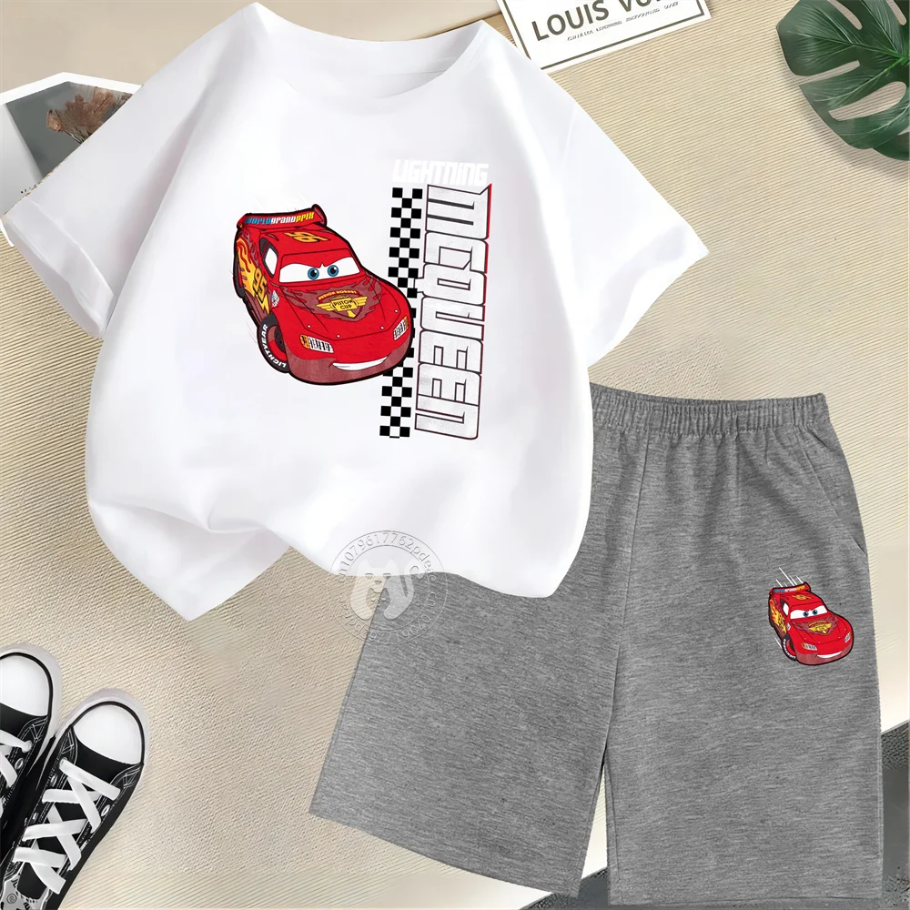 Summer Boys Girls 100% Cotton T-shirt + Shorts Cartoon Super Cool Star Racing McQueen Printed Kids Fashion Street casual suit