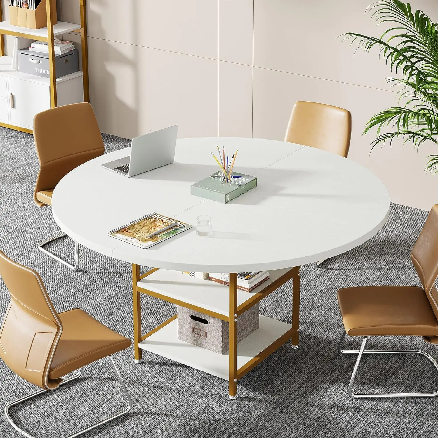 

47-Inch Round Conference Table for 4-6 People,Meeting Room Table with Storage Shelf, for Conference Room Seminar Room