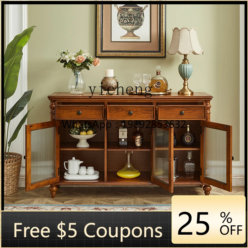 Solid Wood Sideboard Cabinet Living Room Wall-Mounted Storage Tea Water Organizer Glass Floor Cabinet