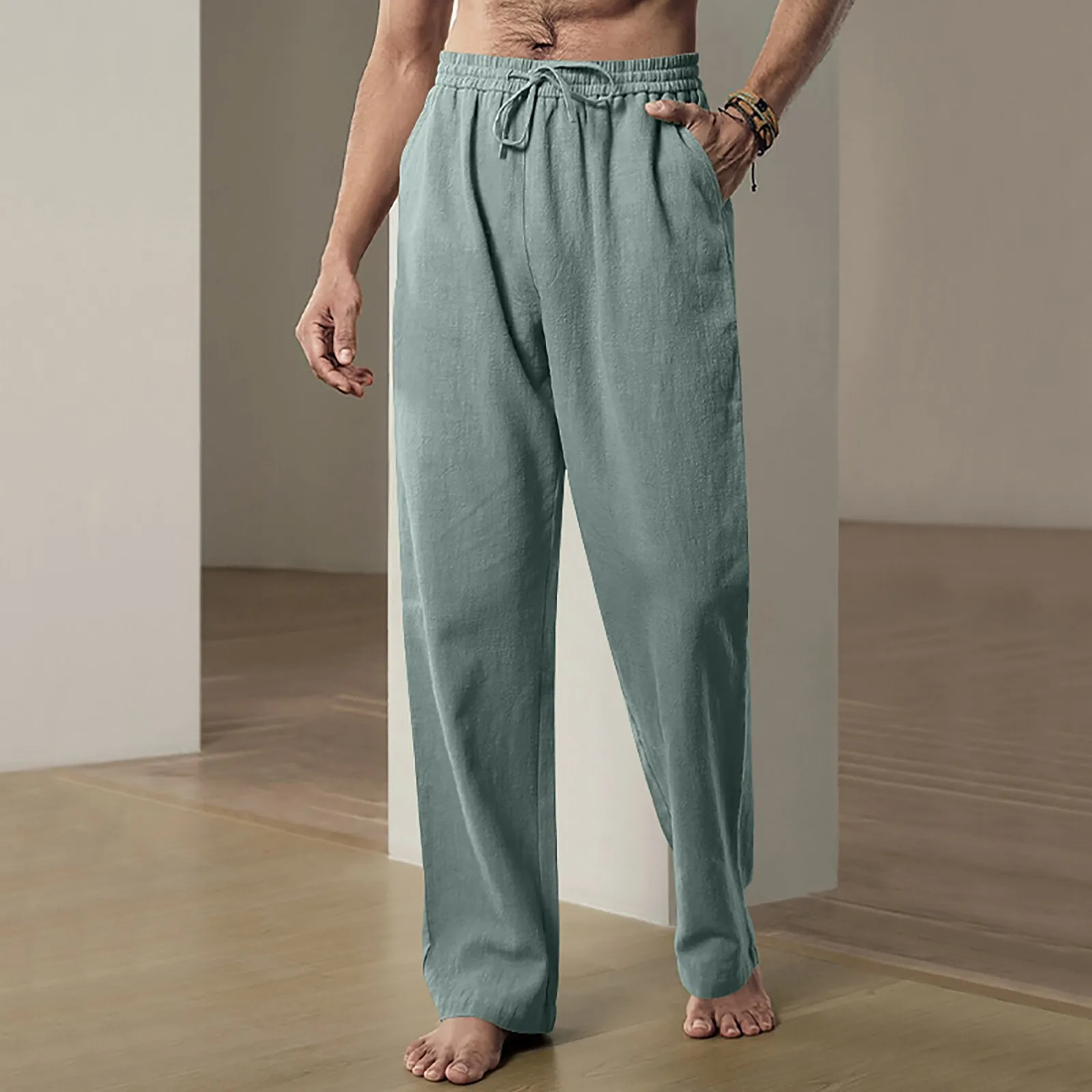 Calça reta de cintura elástica masculina, Monocromática, Linho, Respirável, Negócios, Casual, Praia, Férias, Verão