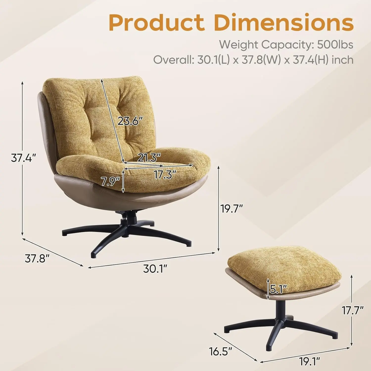 Rocking Swivel Accent Chair with Ottoman, 360° Metal Base Swivel Rocker Accent Chair, Reclining Lounge Chair, Ergonomic Armchair