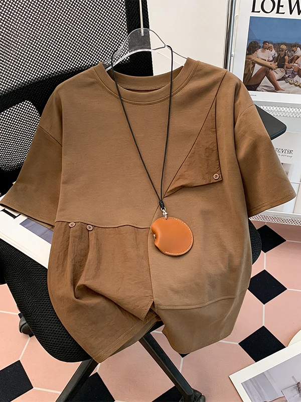 

Loose Casual Short Sleeve T-Shirt Color Block Design Breathable Skin-Friendly Korean Style plus Size Summer New Arrival