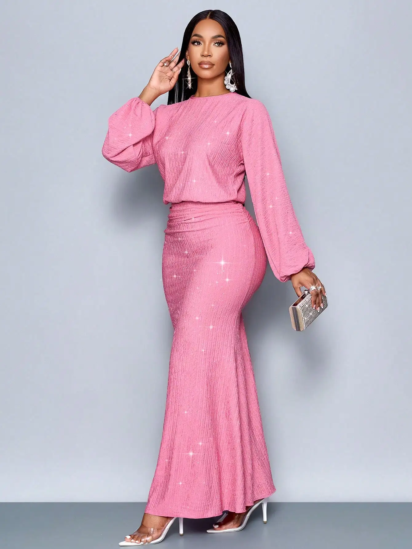 

Pink Sparkly Mermaid Hem Bodycon Maxi Dress with Long Puff Sleeves