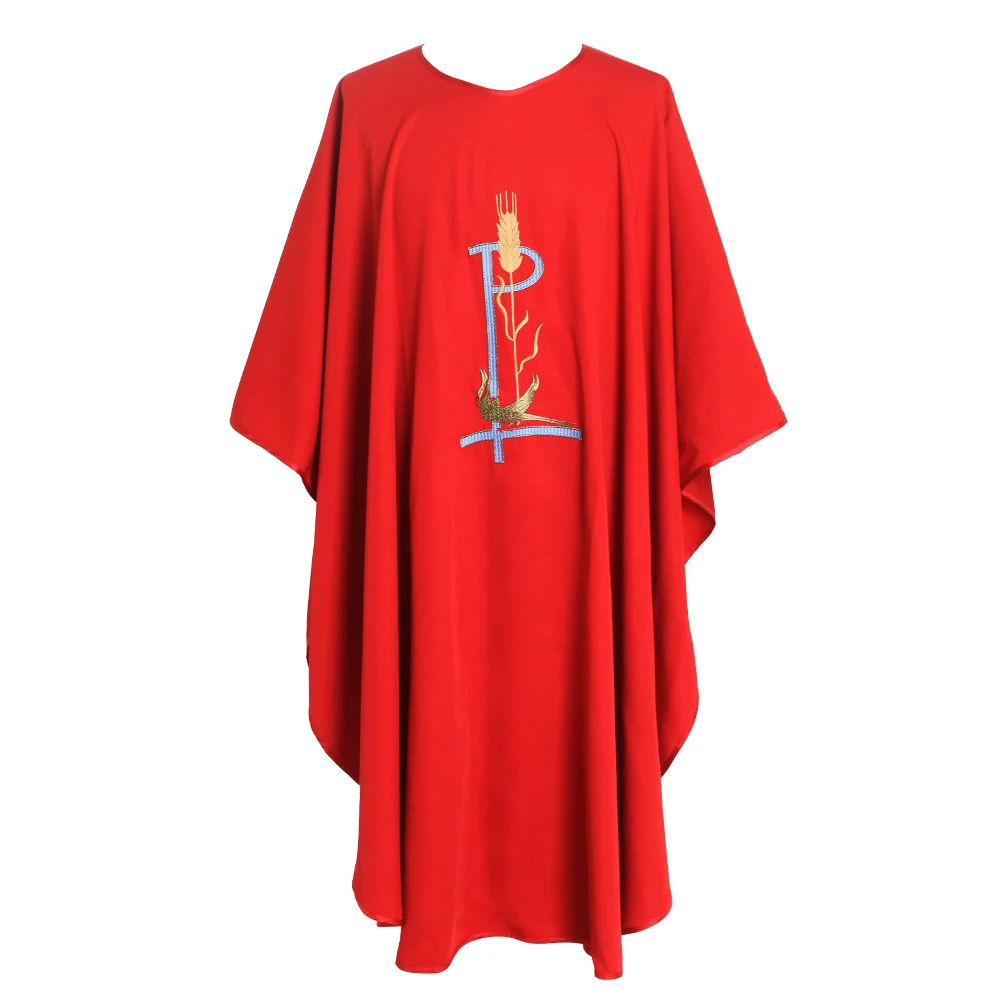 Catholic Priest Costume Gown Mass Chasuble Vestment Red Embroidered Clergy Church Work Uniform Clothing Bishop