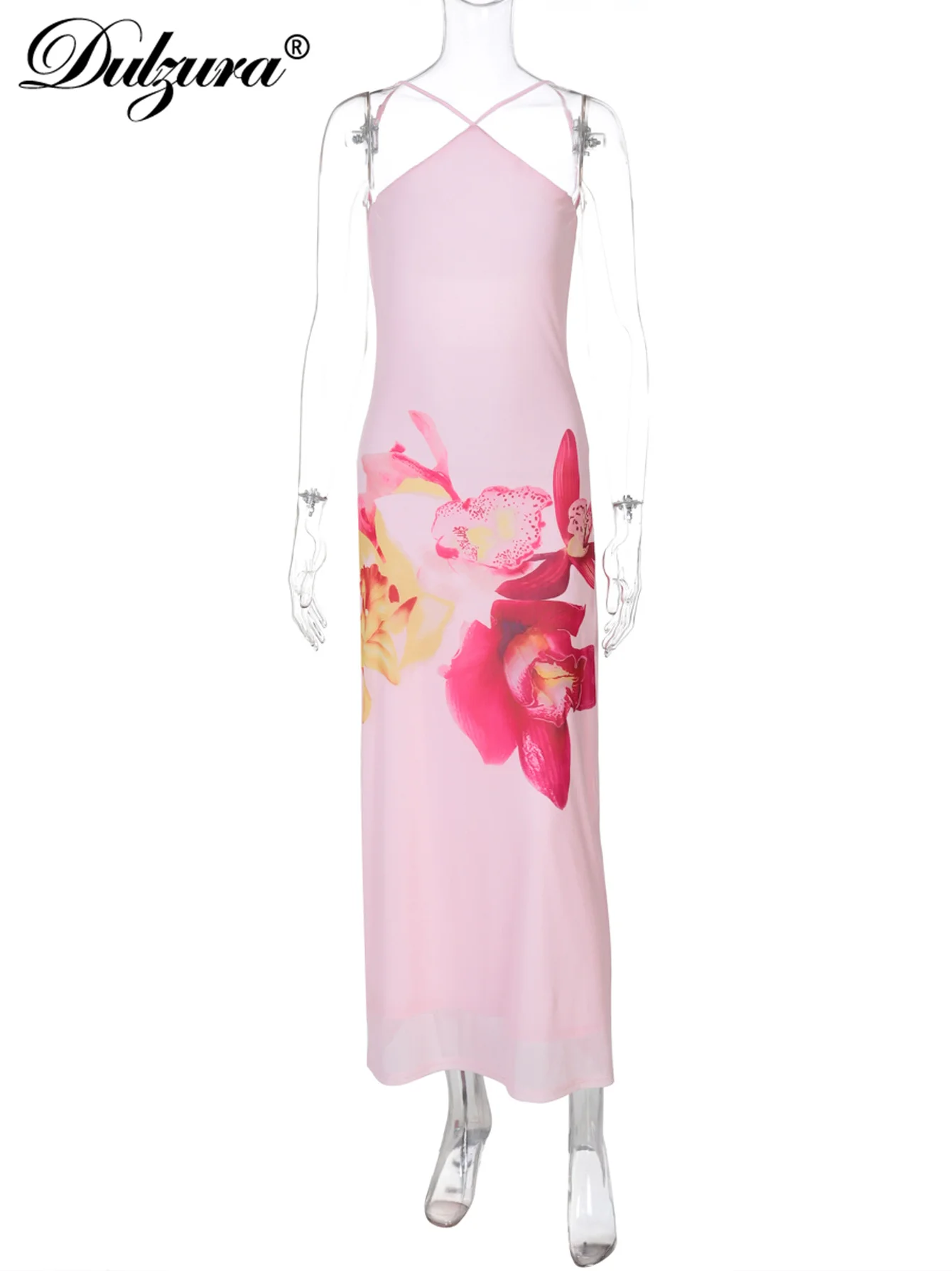 Dulzura Sleeveless Backless Bodycon Flower Print Mesh Cami Maxi Dress Sexy Elegant Long Dresses Party Clubwear Summer Outfit