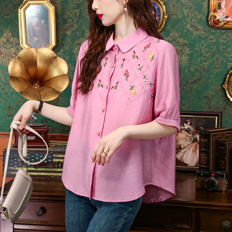 New Women\'s Summer Art Solid Colors Turn-down Collar Button Fashion Elegant Cotton and Linen Embroidery Short Sleeve Shirt Tops