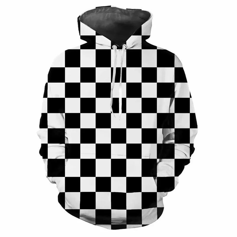 3D Printed Checkerboard Plaid Hoodies For Men Women Black White Pattern Long Sleeves Casual Hooded Tops Pullovers Sweatshirts
