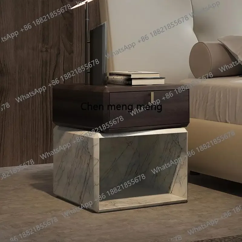 Italian Minimalist Marble Nightstand, Luxury Bedside Table for Small Space, Eco-Friendly & Easy Clean, Modern Bedroom Design