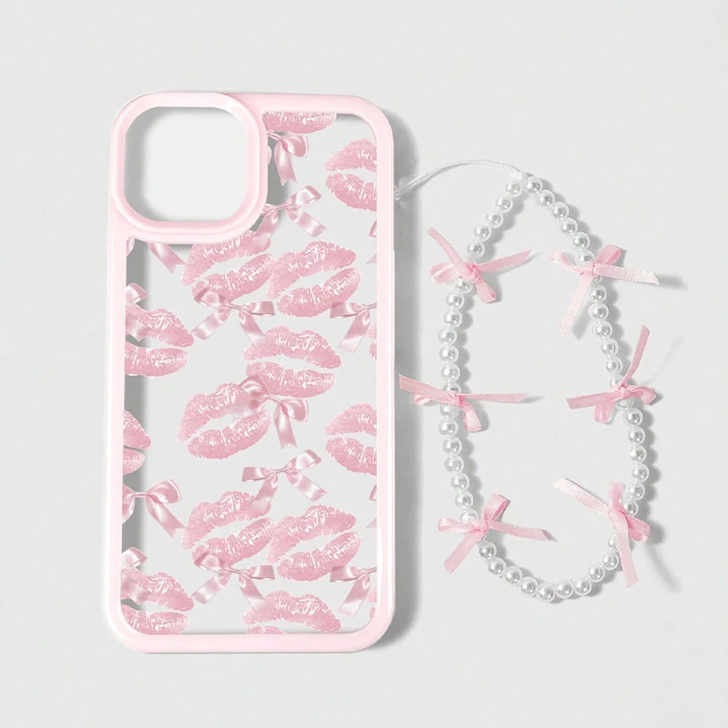 Funda de teléfono con cordón y cuentas con lazo estampado de labios rosas para iPhone 17 16 14 13 12 11 15 Pro Max 16E 17Air 7 8 Plus, funda suave
