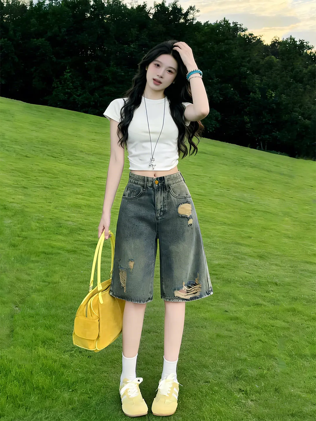 High Waist Wide Leg Denim Jeans Women's Summer New Loose Fitting Straight Cut Five-Quarter Pants Casual Daily Commute Wear