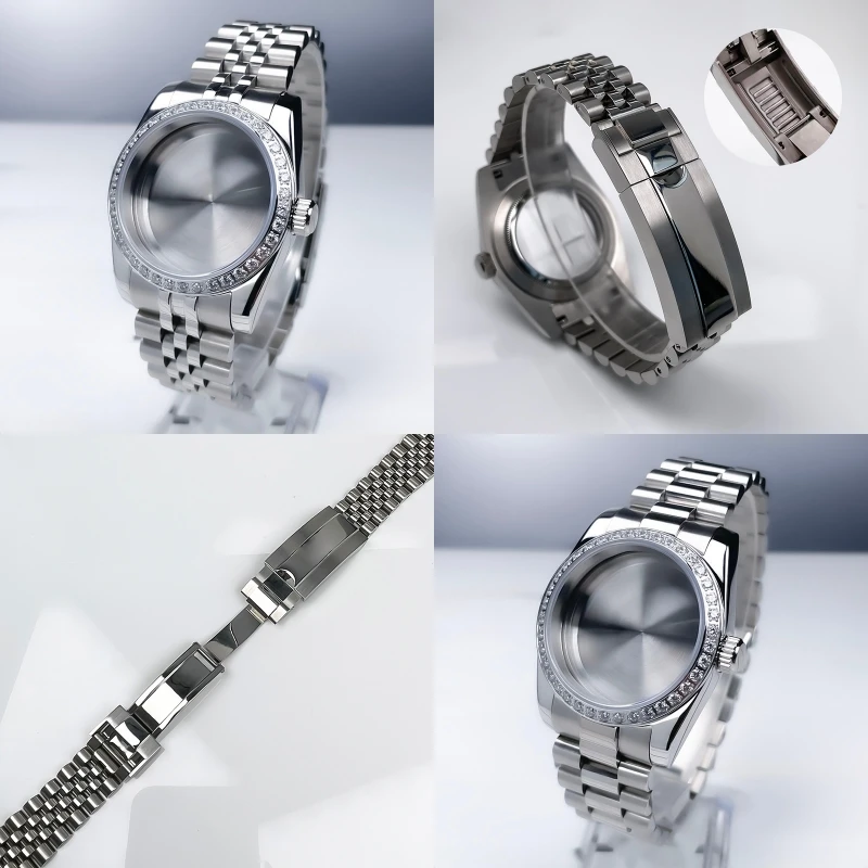 36mm/39mm Case Set, Sapphire Crystal, Diamond Ring, Stainless Steel Strap+foldable Clasp, Compatible with NH35/NH36 Movements