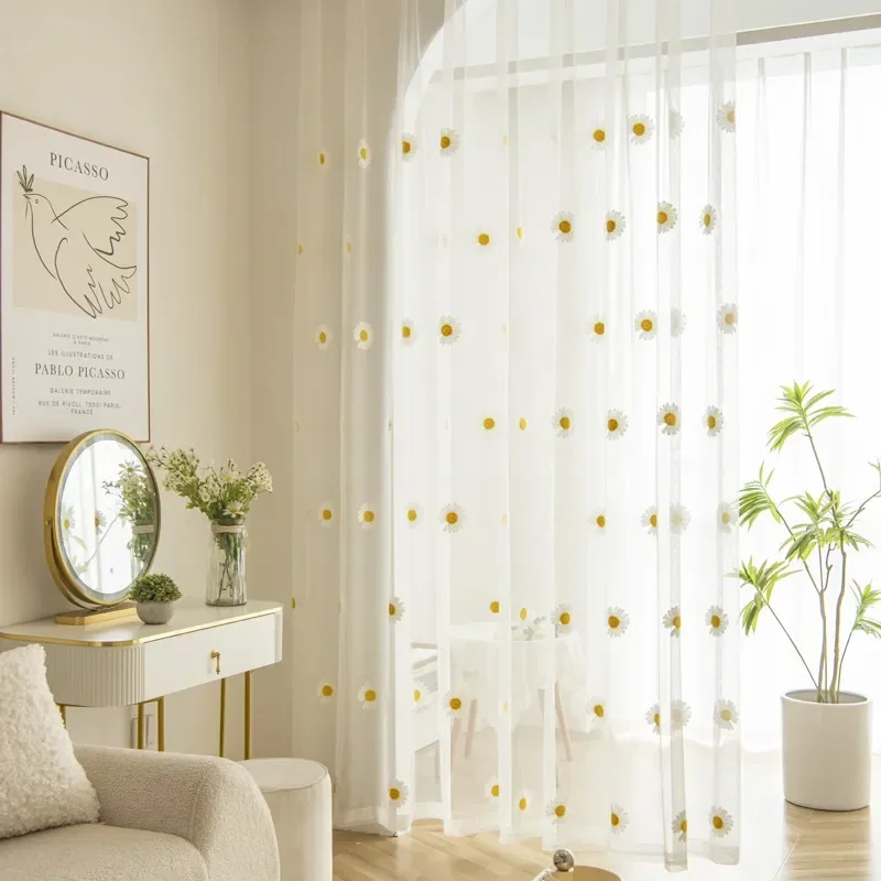 Country Vintage Gänseblümchen bestickte Tüllvorhänge, Blumenpflanzenmuster, Voile-Bauernhaus-Fenstervorhänge für Wohnzimmer und Schlafzimmer