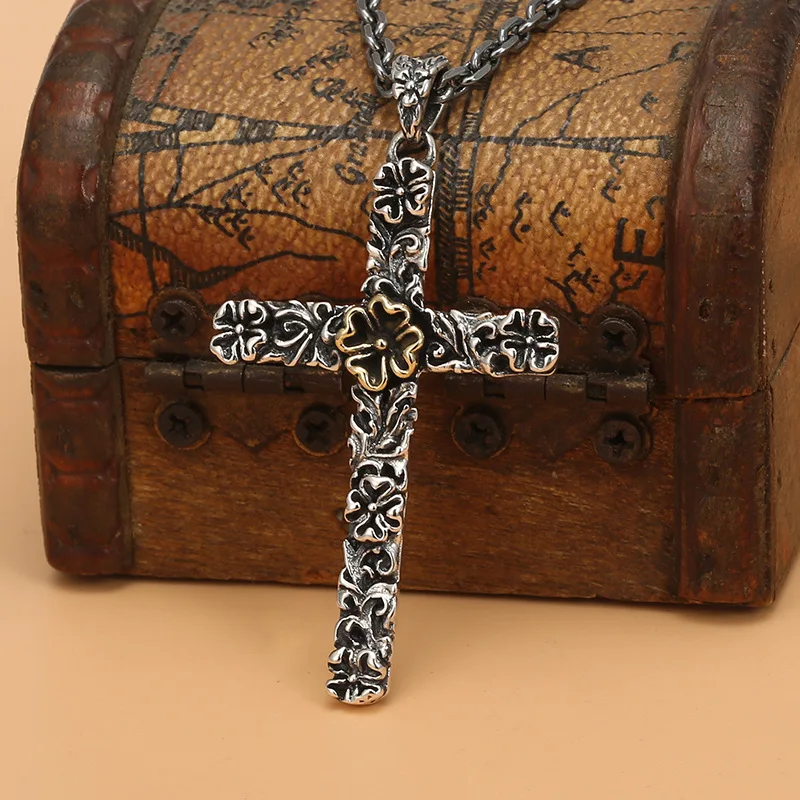 

s925 silver men's pattern cross necklace pendant vintage antique finish Thai silver trendy silver jewelry