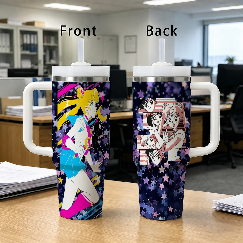 Lovely S-Sailor M-Moon Vacuum Flasks 40oz Stainless Steel Insulated Tumbler with Handle Straw