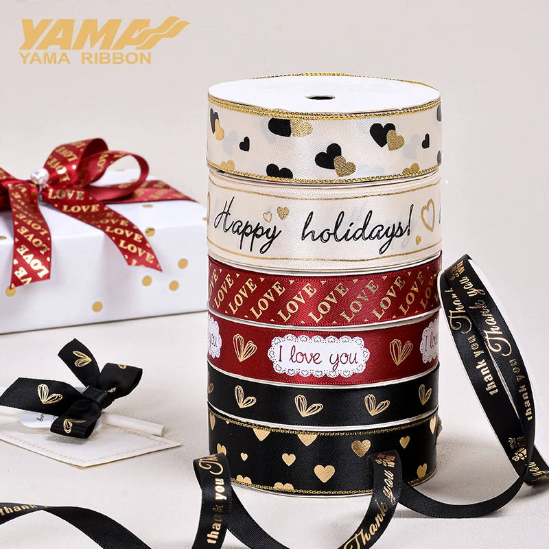 YAMA Gold Foil Printed Ribbon 10yards/roll Heart Series Valentine\'s Ribbons for Crafts Lover Gifts DIY Packaging Wedding Decor