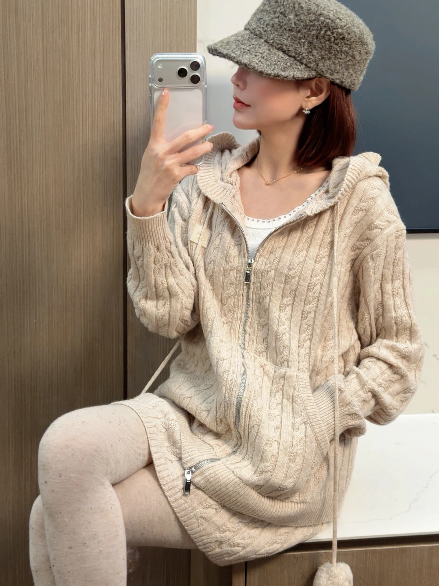 

ASBR Original C-Spun Wool Vintage Knitted Hat Skirt Set Women's Long Sve Mid-Length Warmth-Zipper Two-Piece Ensemble