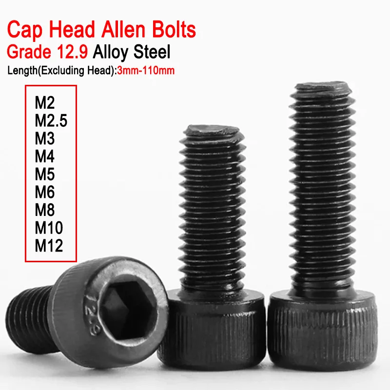 12.9 Grade Hexagon Hex Socket Cap Head Screw Bolts M2 M2.5 M3 M4 M5 M6 M8 M10 M12 High Tensile Alloy Steel Allen Screw