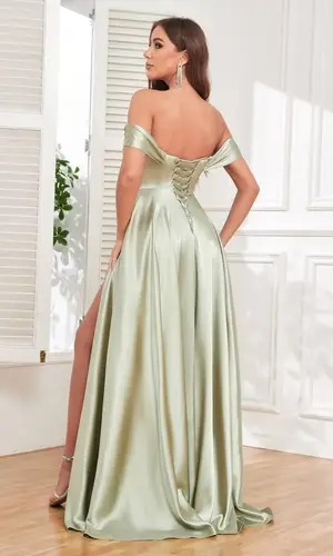 Imagen 2 del producto Vestidos de dama de honor de satén con hombros descubiertos, vestido formal de fiesta con volantes y abertura, vestido de noche largo de lujo para fiesta de graduación