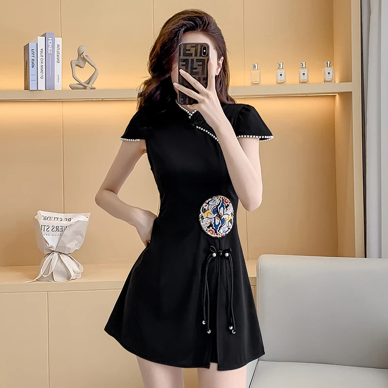 Imagem -03 - Conjunto de Shorts e Vestido de Manga Curta Feminino Senhoras Chinesas Bordado Elegante Preto Verão Novos Trajes da Moda Peças