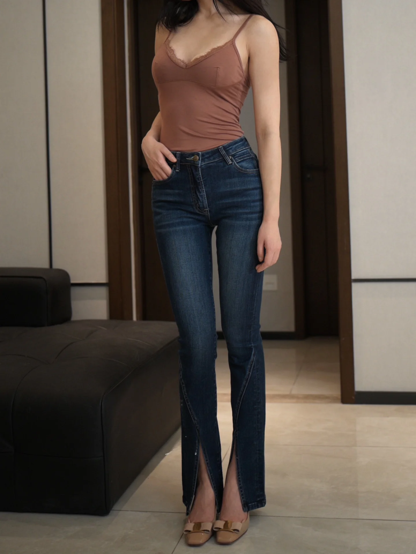 

Retro Indigo Split Flared Jeans Women's Design Sensation Natural Waist Slimming Hip Lifting Long Pants Cotton Stretch Denim