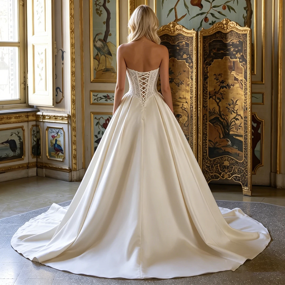 Luxury Appliques V Neck Wedding Dress For Bride Vestidos Novia Lace Ball Gown Long Pleated Bridal Party Gown For Women