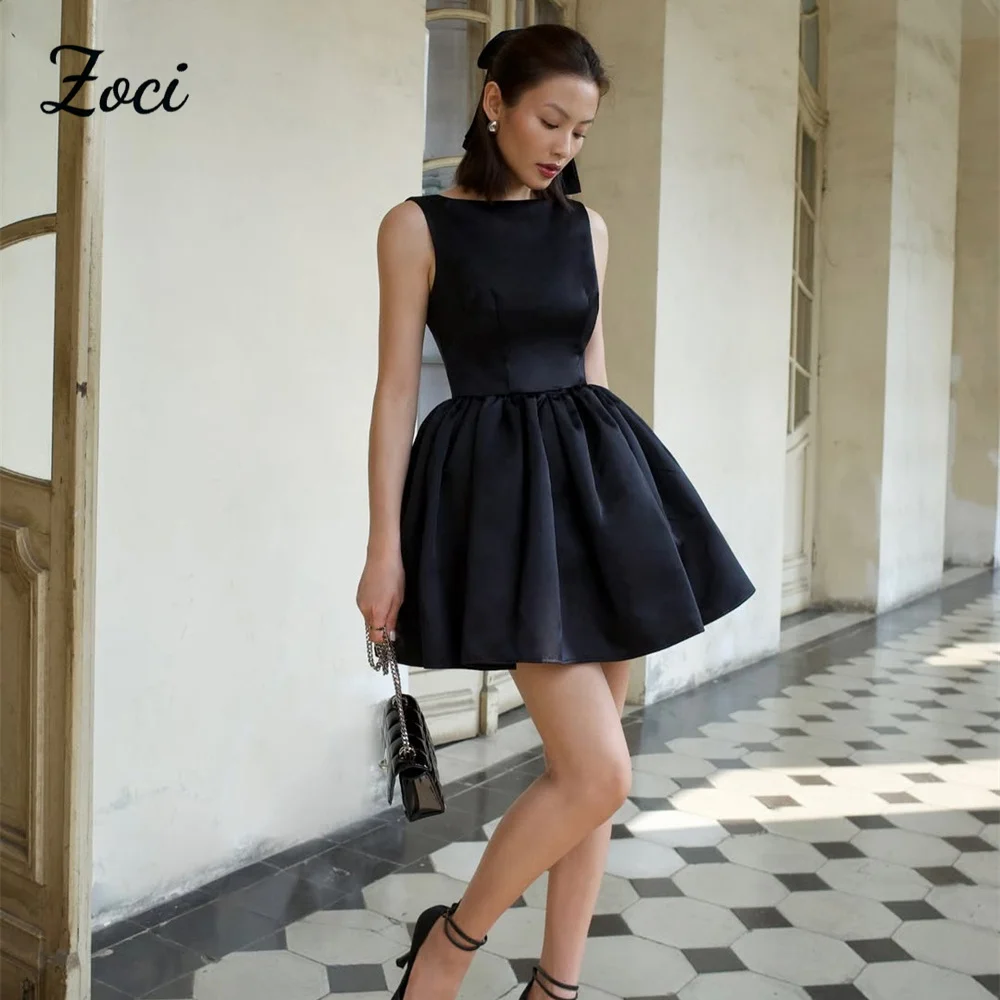

Zoci A Line Satin Mini Korea Black Evening Dresses Boat Neck Women's Formal Prom Party Gowns Special Graudation Dress Customized