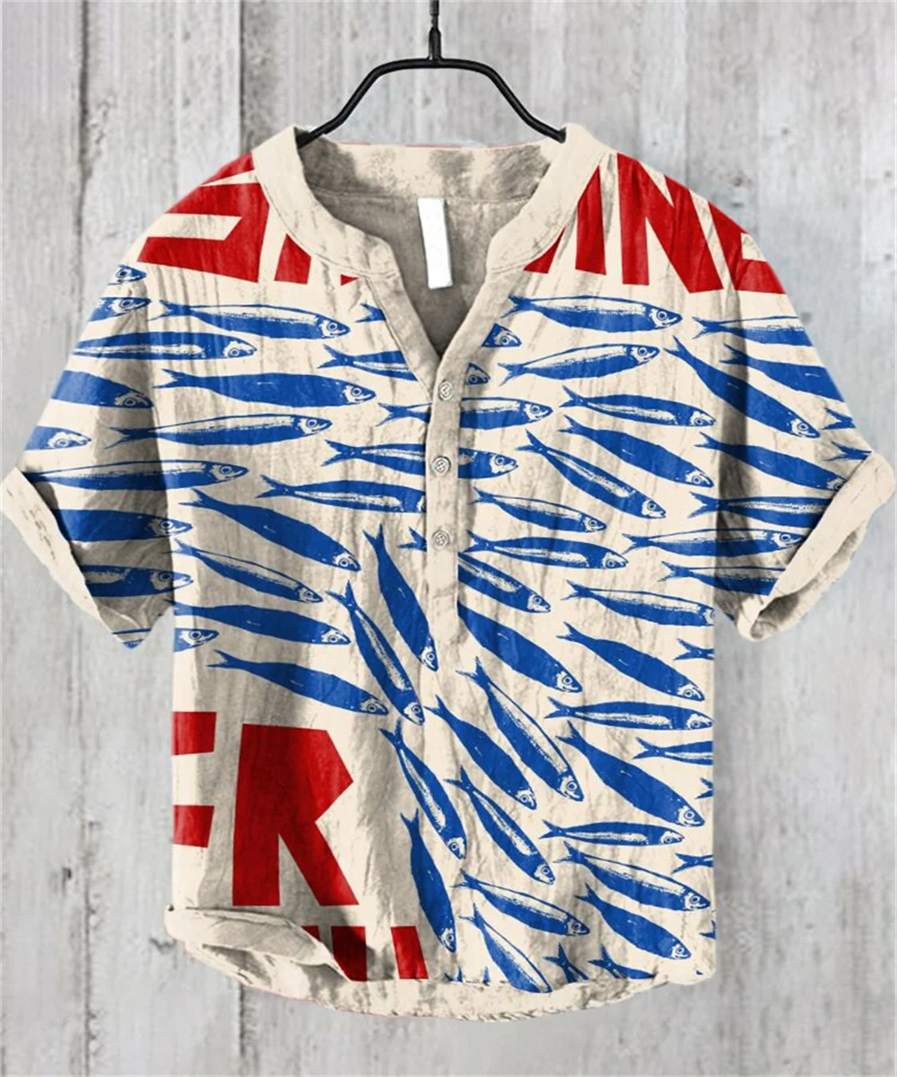 

New Fashion Summer Casual St. Patrick's Day Hawaiian Shirt Men's Vacation Seaside Short Shirt Linen V-neck Pullover Top