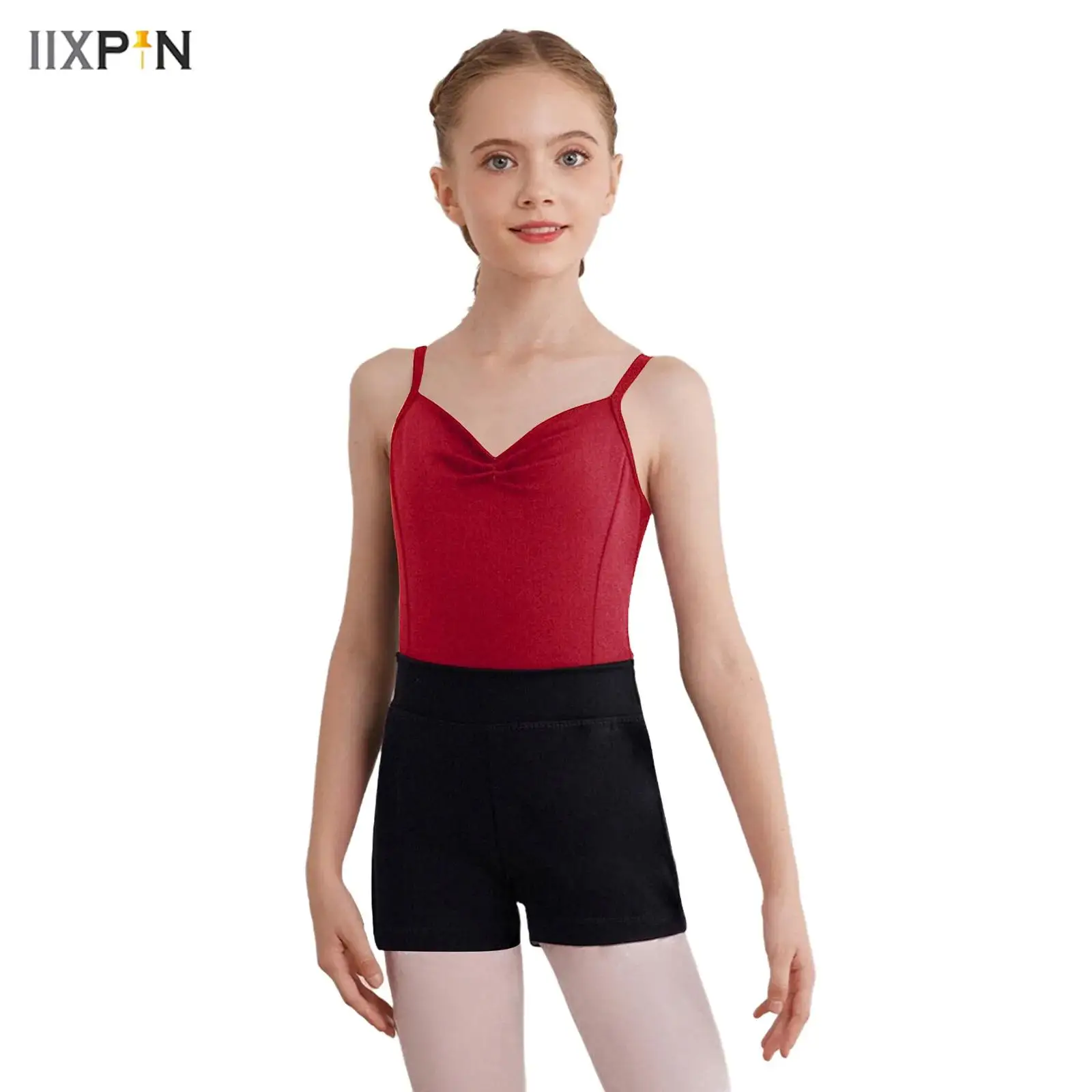 

Kids Girls Gymnastics Ballet Dance Performance Outfit Sleeveless Backless Adjustable Spaghetti Straps Ruched Leotard with Shorts