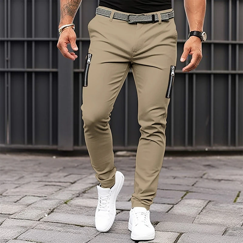 Men\'s Fashion Slim Fit Hip Hop Pants All Seasons Cotton Cool Casual Sports Pants Street Zipper Decoration Straight Leg Pants